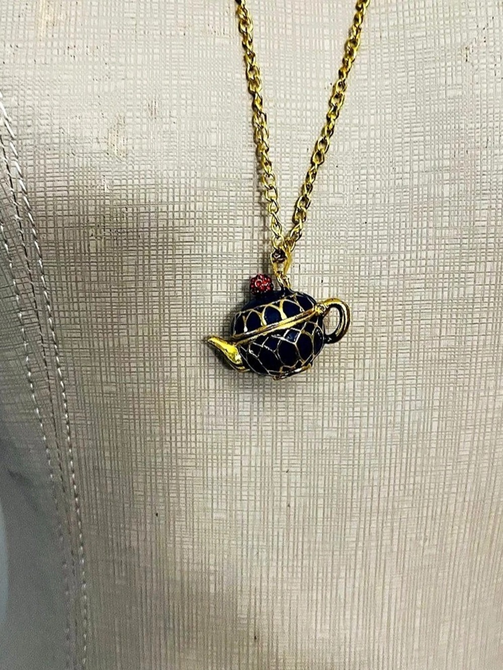 Teapot Locket Pendant Necklace Blue & Gold Teapot Pendant Necklace